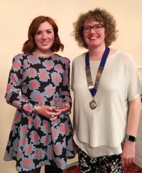 Fernley De Ruiter receiving her award from Nicola Redmore, President of the Society, for Best Use of Creative Textiles in Fashion & Costume.